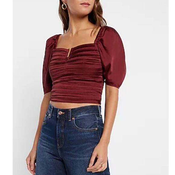 Express Burgundy Ruched Puff Sleeve Crop Top – Size Small - Picture 1 of 5